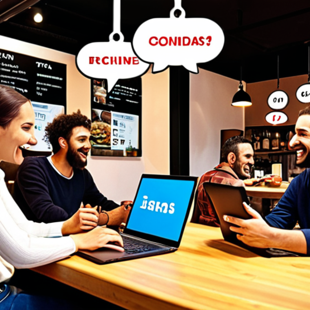 ** A vibrant, welcoming "virtual cafe" scene. People are depicted interacting via laptops and tablets, with speech bubbles showing lively conversation (in Spanish). The overall atmosphere is friendly and inclusive. Perhaps some elements of Spanish cafe culture are subtly incorporated (e.g., a "tapas and tech" sign).
*(Focus: Genuine interaction, welcoming atmosphere)*
**