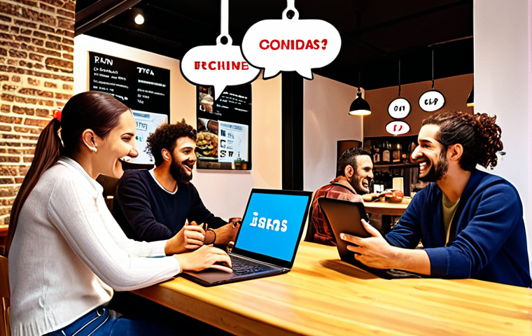 ** A vibrant, welcoming "virtual cafe" scene. People are depicted interacting via laptops and tablets, with speech bubbles showing lively conversation (in Spanish). The overall atmosphere is friendly and inclusive. Perhaps some elements of Spanish cafe culture are subtly incorporated (e.g., a "tapas and tech" sign).
*(Focus: Genuine interaction, welcoming atmosphere)*
**