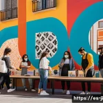 Home 18 관객 참여 창작의 윤리적 고려사항 - A diverse group of Spanish-speaking artists and community members collaboratively working on a vibra...