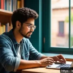 Home 16 관객의 감정 반응을 유도하는 콘텐츠 - A warm, inviting digital workspace scene showing a young Hispanic content creator thoughtfully writi...